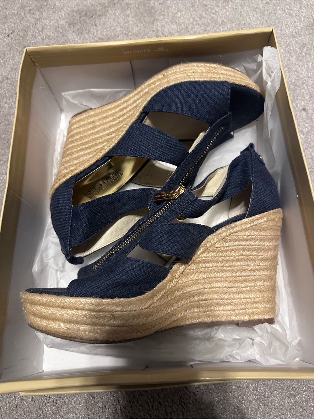 Michael Kors Navy Espadrille Wedge Sandals Gold Zip Platform Size 7 - Picture 4 of 6